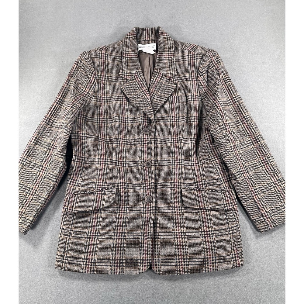 VTG 90s White Stag 14 Wool Blend Brown Glen Plaid Blazer Jacket Preppy Tailored